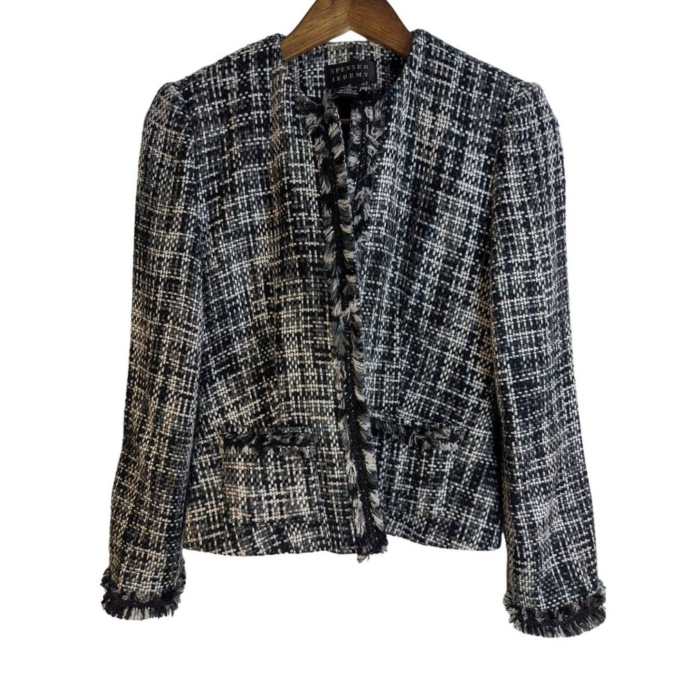 Spenser Jeremy Women's Black Tweed Open Jacket Classic Style Fringe Details Sz S